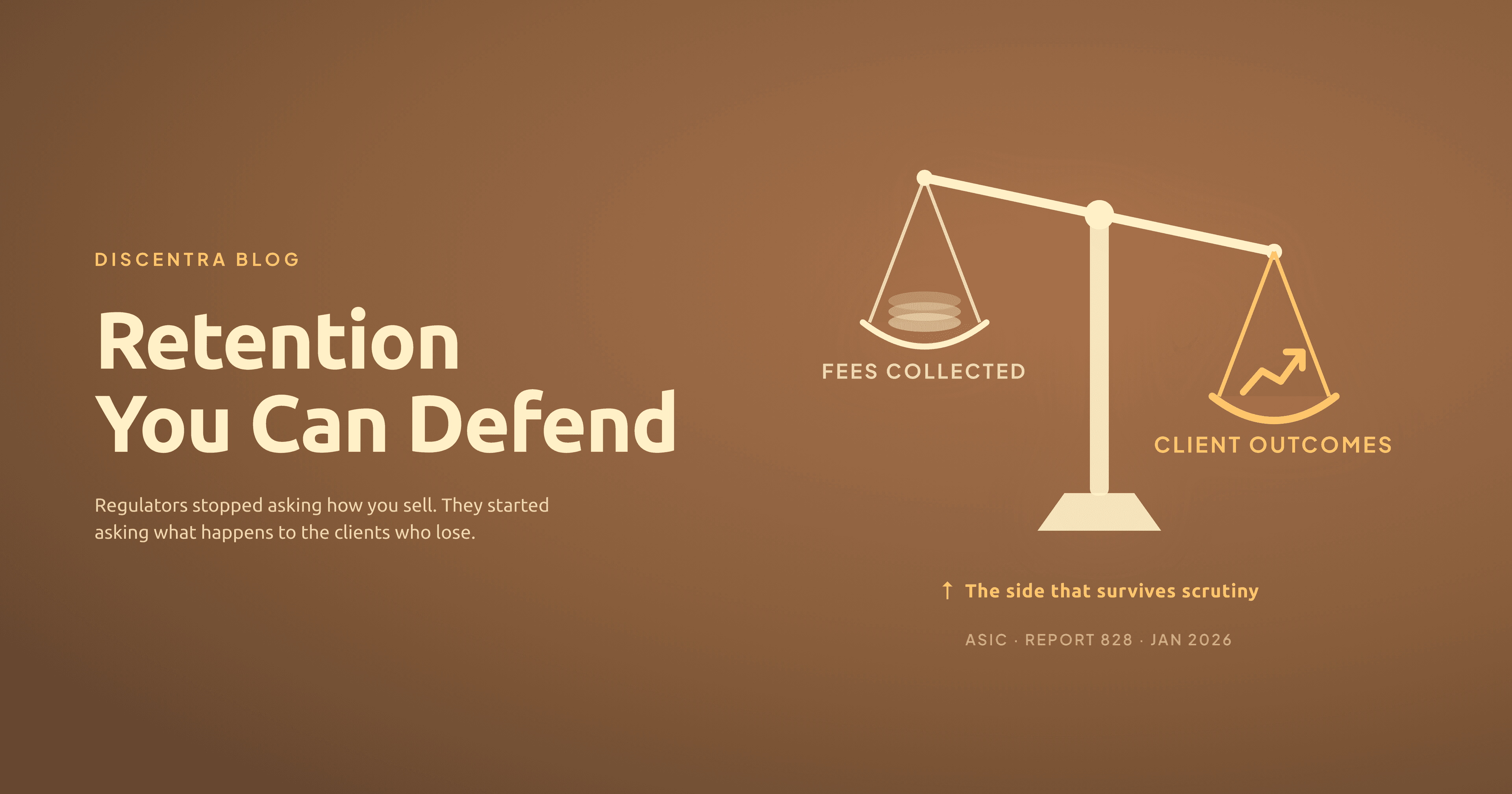 A balance scale weighing fees collected against client outcomes, tipping toward client outcomes, referencing ASIC's Report 828 review of the CFD sector
