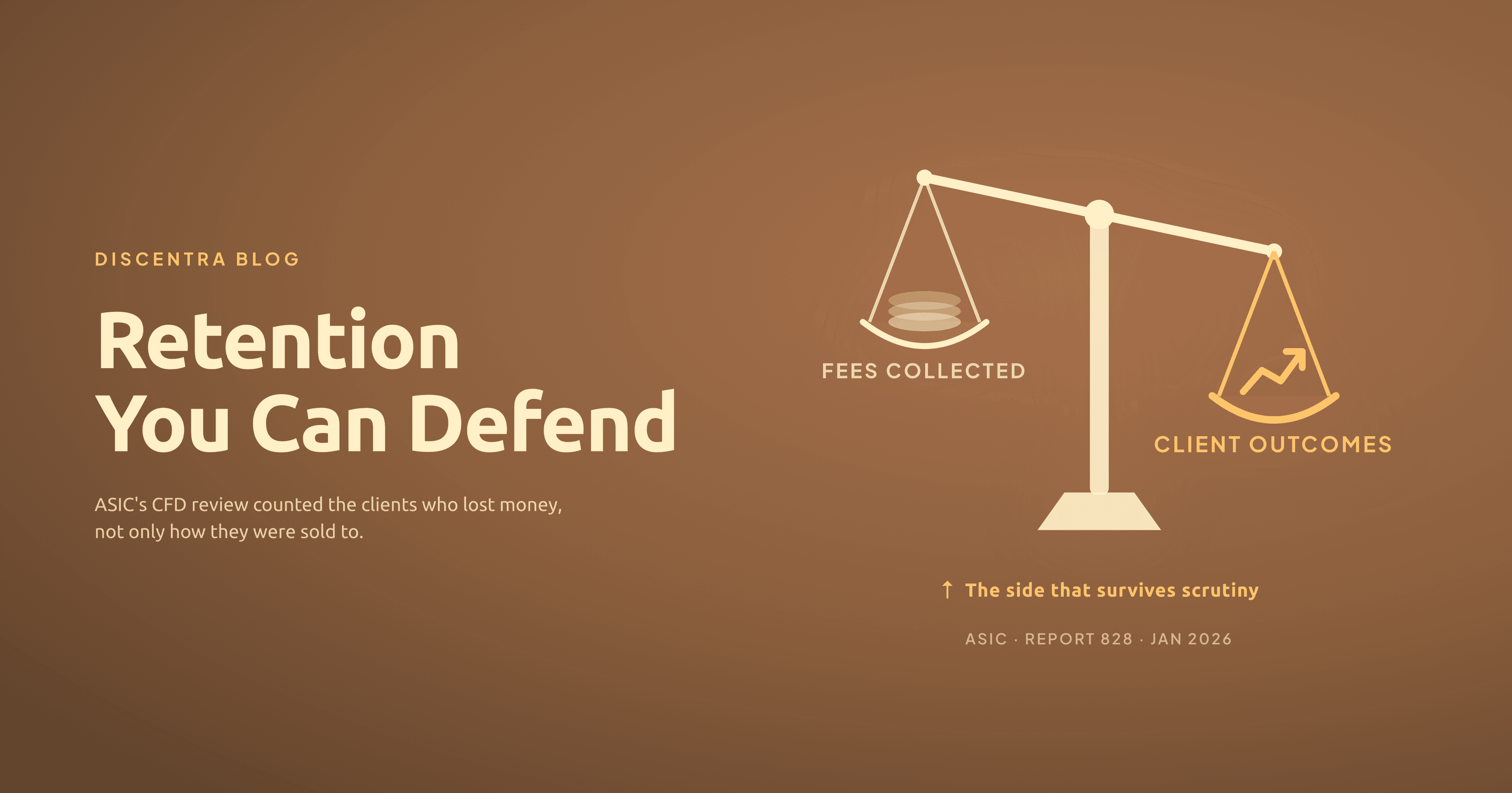 A balance scale weighing fees collected against client outcomes, tipping toward client outcomes, referencing ASIC's Report 828 review of the CFD sector