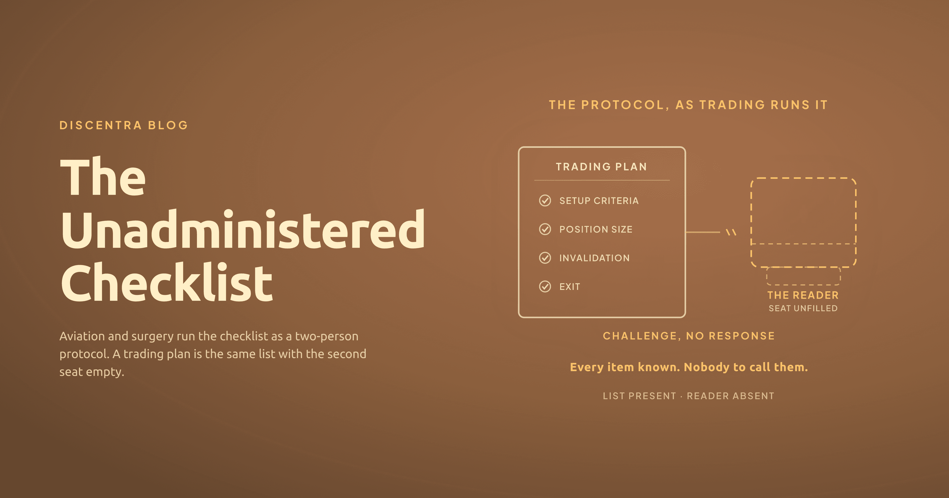 A pre-flight checklist on a kneeboard in cream and brown, beside an empty second seat marked by a single gold outline